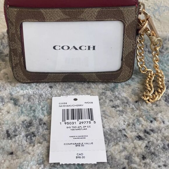 COACH Leather Zip Card Case Signature Khaki Cherry Detachable Chain NWT - Picture 7 of 11